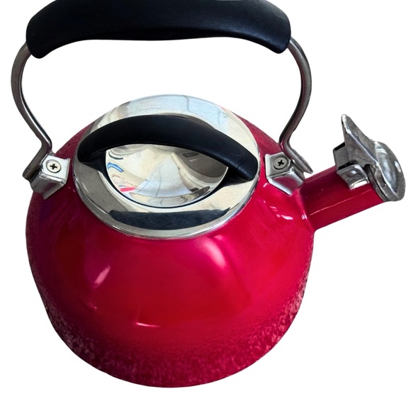 Vintage Red Enamel Whistling Tea Kettle – Retro Kitchen Décor Teapot with Handle - Picture 1 of 7